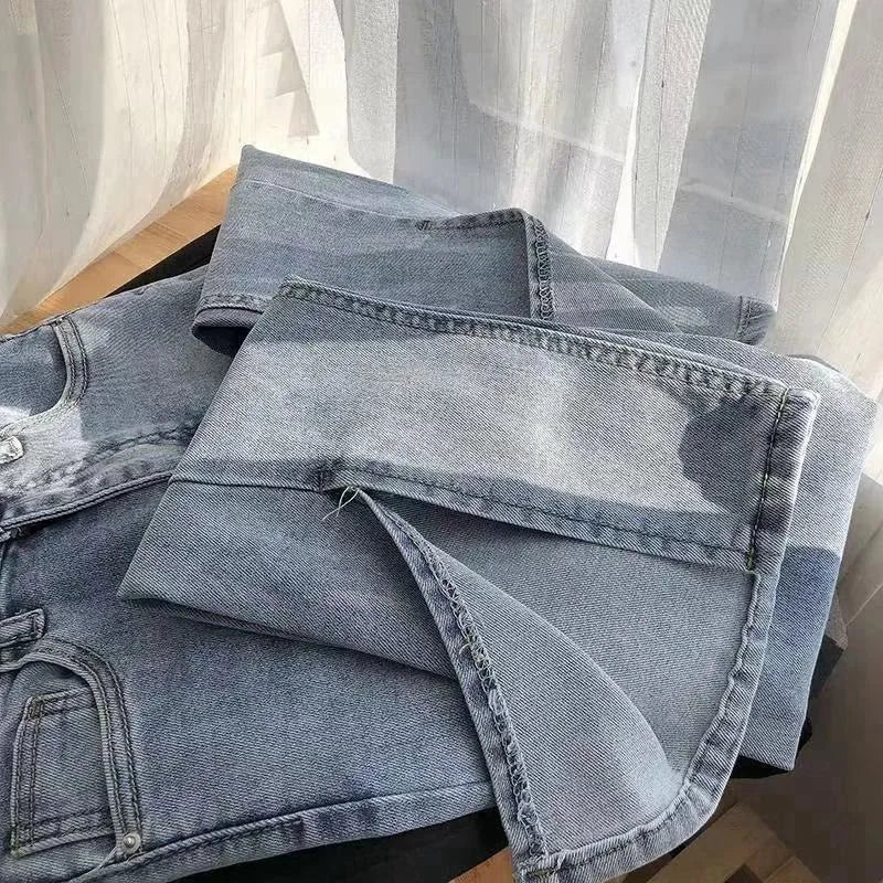 Women's High Waist Wide Leg Jeans Asymmetric Split Hem Vintage Washed Denim Pants Loose Fit