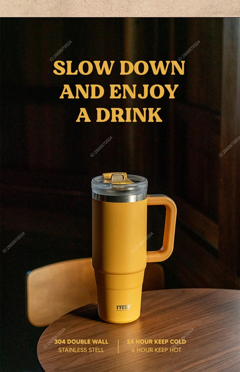 Tyeso 900ml/1200ml Big Capacity Thermal Mug Stainless Steel Insulated Water Bottle with Straw Outdoor Travel Car Tumbler