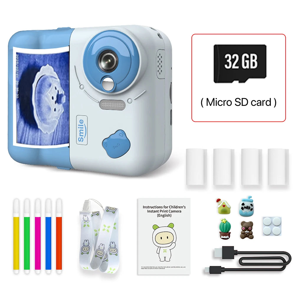 9IMOD Kids Camera Instant Print Camera 2.4 inch 1080P Children Digital Photo Video 10X Zoom 32GB TF Card with Bluetooth Printing