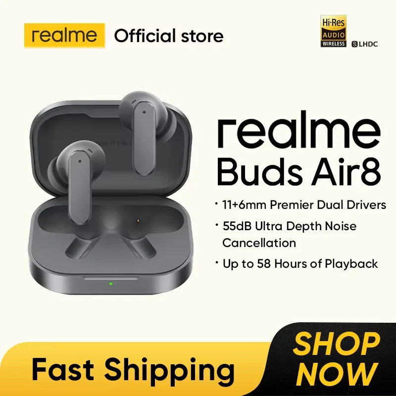 Global Version realme Buds Air 8 55dB Ultra Depth Noise Cancellation True Wireless Earphone Bluetooth 5.4 Earbuds LHDC 5.0 IP55