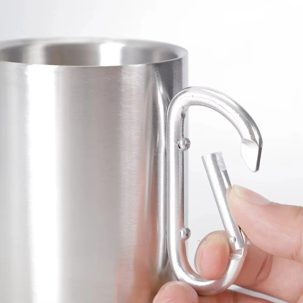 1PCS Portable Stainless Steel Camping Cup with Carabiner Clip, Lightweight Travel Mug for Hiking Backpacking Outdoor (201 Grade)