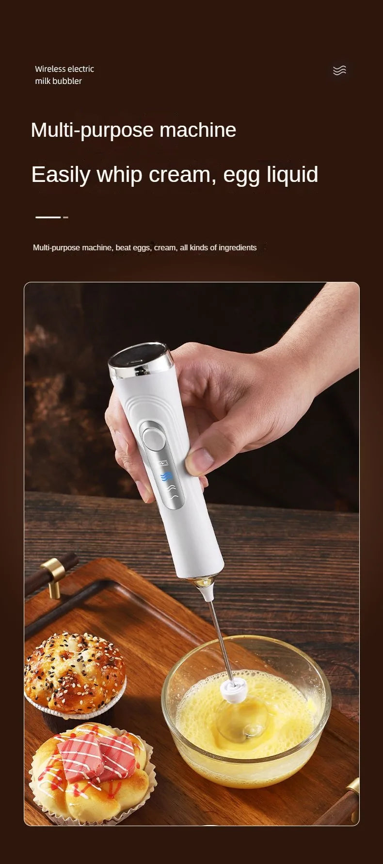 1 Electric Milk Frother, Dual Stick Rechargeable 3-Speed Handheld Egg Beater, Coffee Frother, Cream Blender, Travel Blender