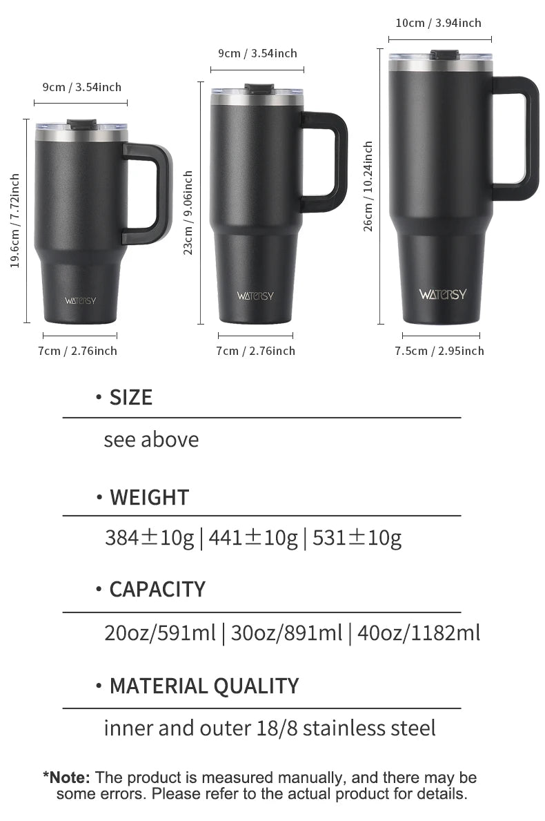 WATERSY 20/30/40oz Tumbler with Handle & Straw, Large Capacity Stainless Steel Thermal Cup, Vacuum Insulated Mug for Car, Travel