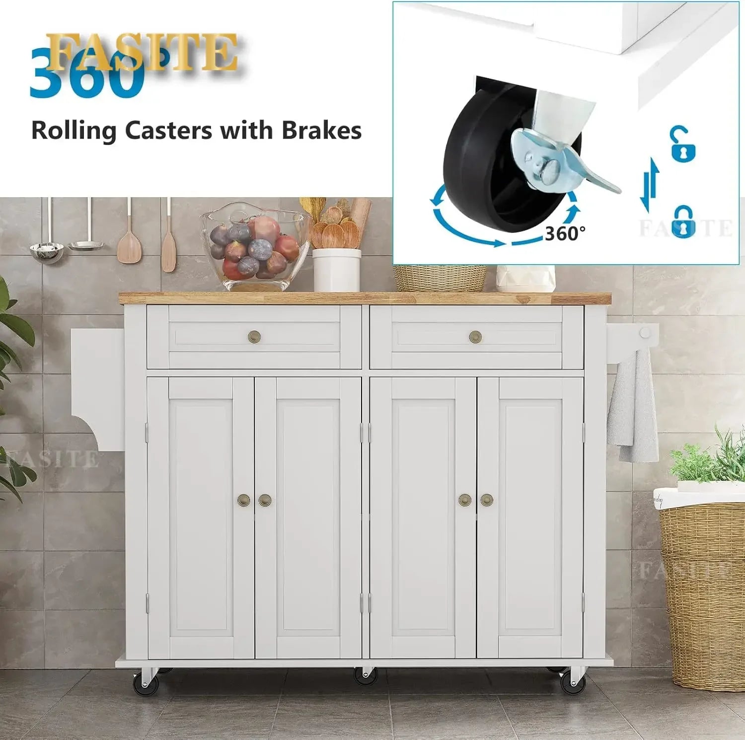 Movable Kitchen Carts on Wheels Island with Storage Cabinet, Island Table for Kitchen with Rubber Wood Top and Rack and Drawers