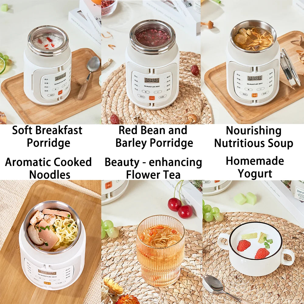 SUNATUR 600ml 700W Electric Cooker Multifunctional Rice Cooker Stew Pot Slow Cooker Mini Porridge Pot Portable Soup Pot