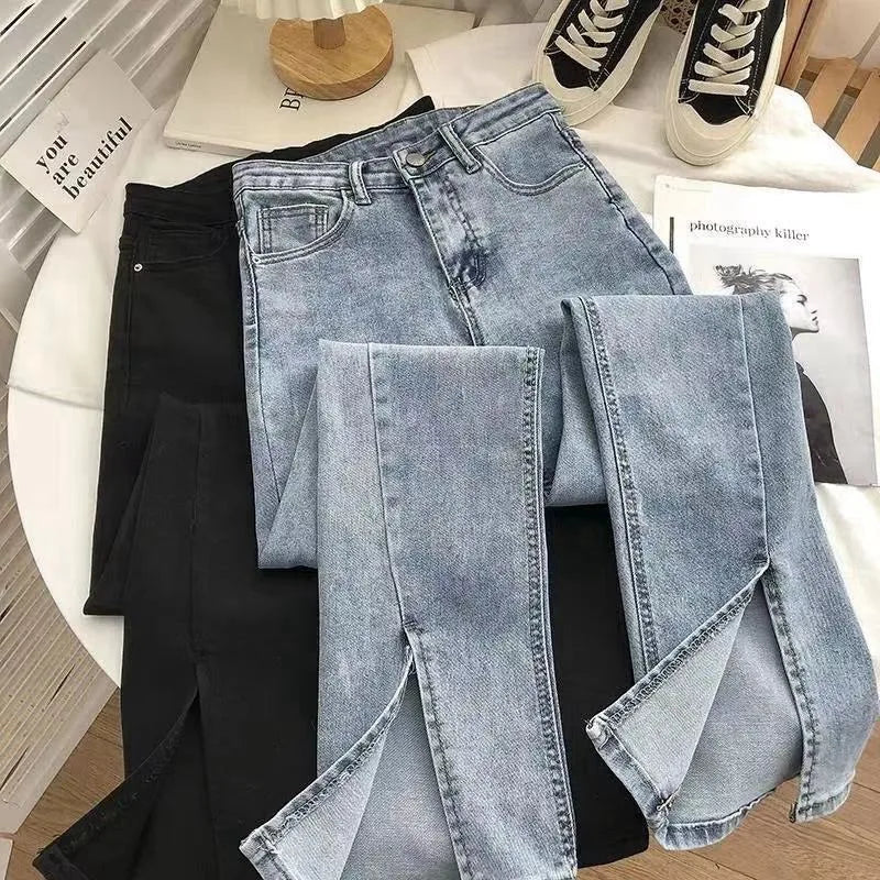 Women's High Waist Wide Leg Jeans Asymmetric Split Hem Vintage Washed Denim Pants Loose Fit