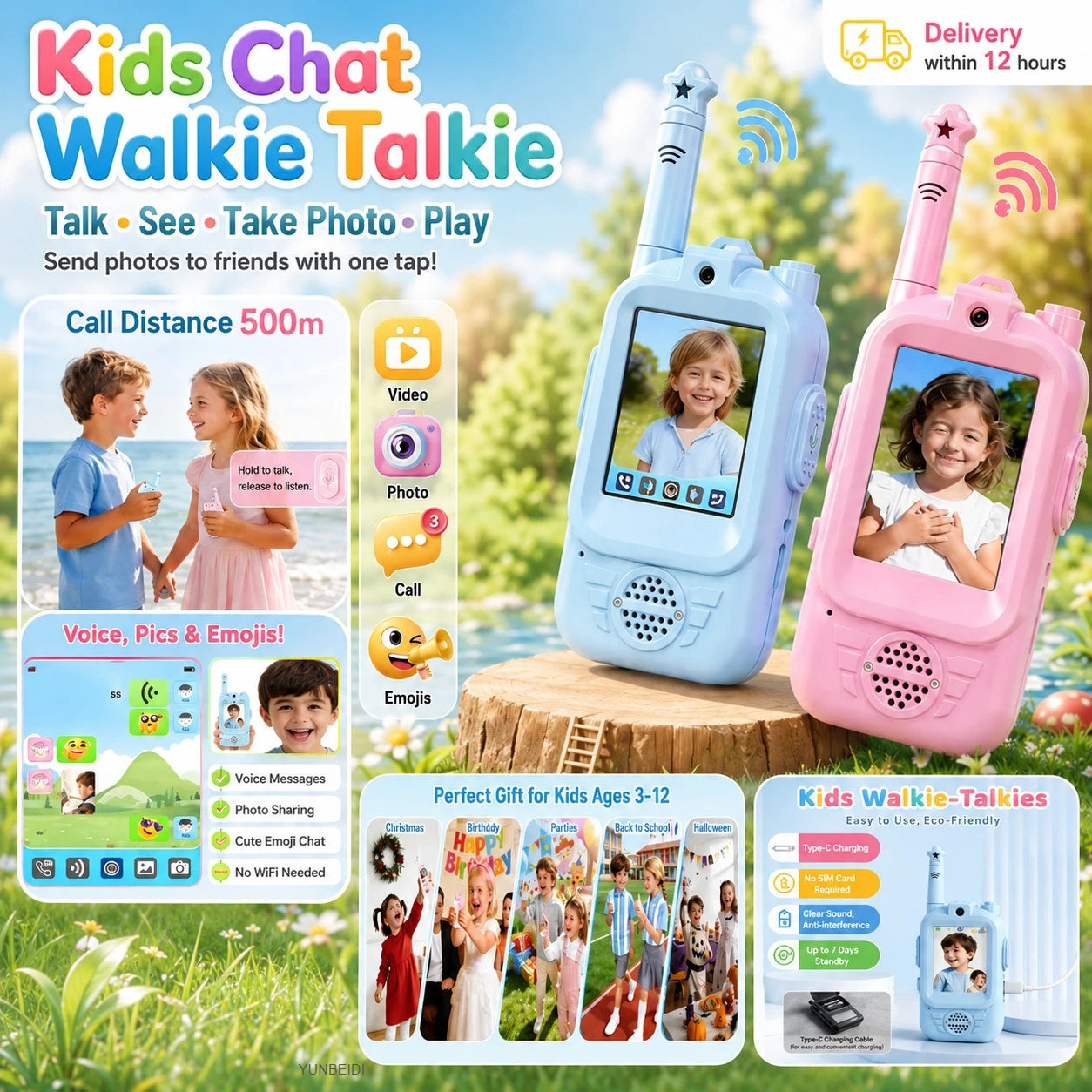 2PC Kids HD-Video Walkie Talkies 3 Styles Intercom USB Charging Indoor Outdoor Boys Girls Age 3+ for Child's Toys Birthday Gifts