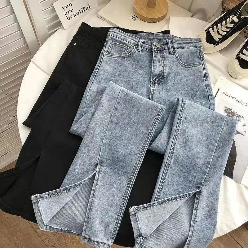 Women's High Waist Wide Leg Jeans Asymmetric Split Hem Vintage Washed Denim Pants Loose Fit