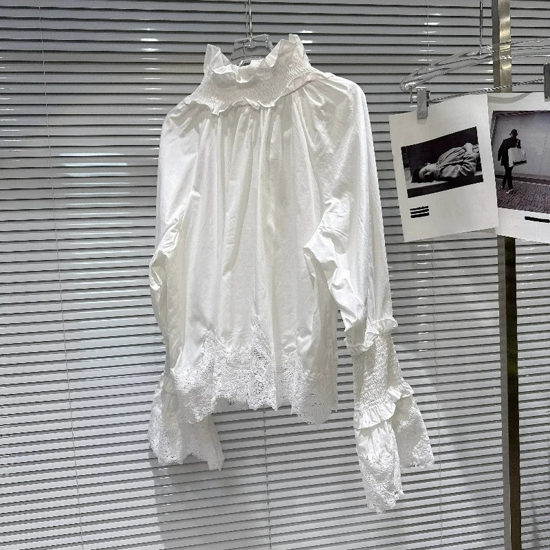 2026 Autumn New Women's Clothing French Design White Temperament Sweet Lace Strap Turtleneck Horn Sleeve Versatile Shirts Ladies