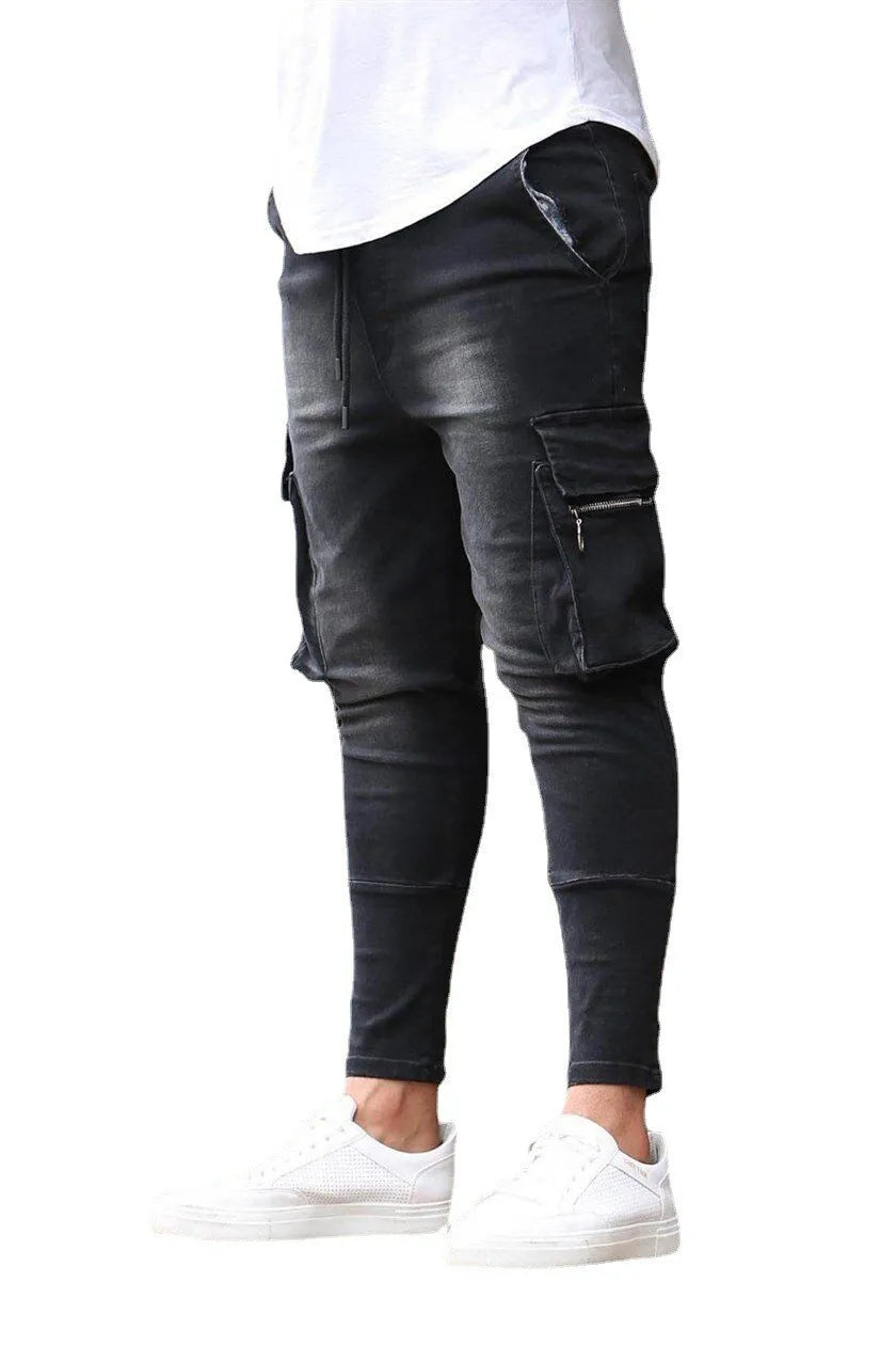 New Jeans Men Pants Wash Solid Color Multi Pockets Denim Mid Waist Cargo Jeans Plus Size Fahsion Casual Trousers Male Daily Wear
