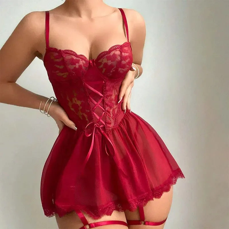 Women's Lingerie Set Sheer Bra Mini Panties Garter 3 Piece Underwear Sets with Leg Loop Accessories Lolita Cosplay Kit Thin Bras
