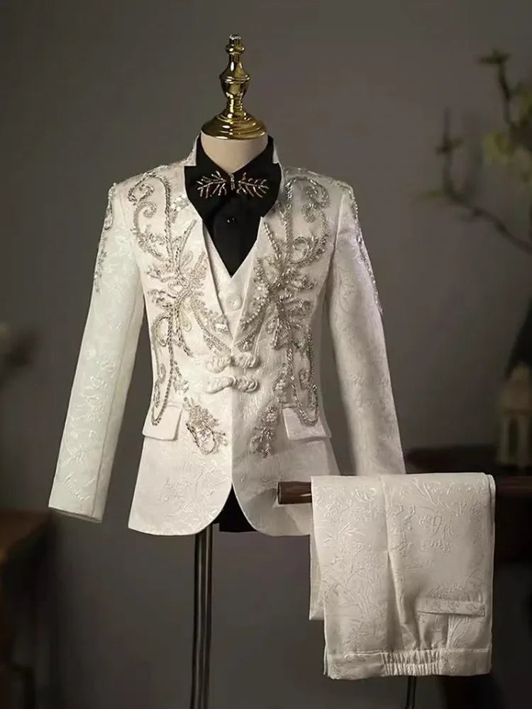 New Children's Host Performance Suit Sequin Beads Design Kids Wedding Birthday Party Evening Gown Boys Catwalk Blazer Sets A3381