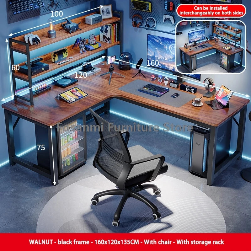 L-Shaped Computer Desk and Chair Set Modern Home Office Furniture with Shelf Gaming Work Desk Chair Set Corner PC Table for Room