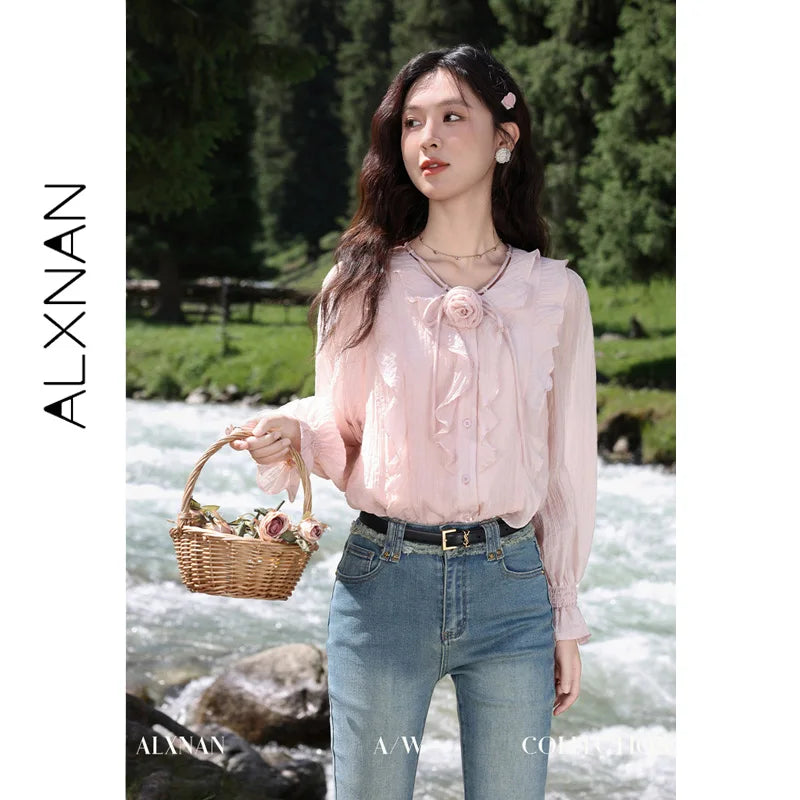 ALXNAN French Style Women's Pink Shirt Autumn V-neck With Detachable 3D Flowers Full Long Sleeves Elastic Cuffs Shirts VL39307