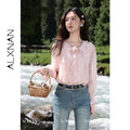 ALXNAN French Style Women's Pink Shirt Autumn V-neck With Detachable 3D Flowers Full Long Sleeves Elastic Cuffs Shirts VL39307