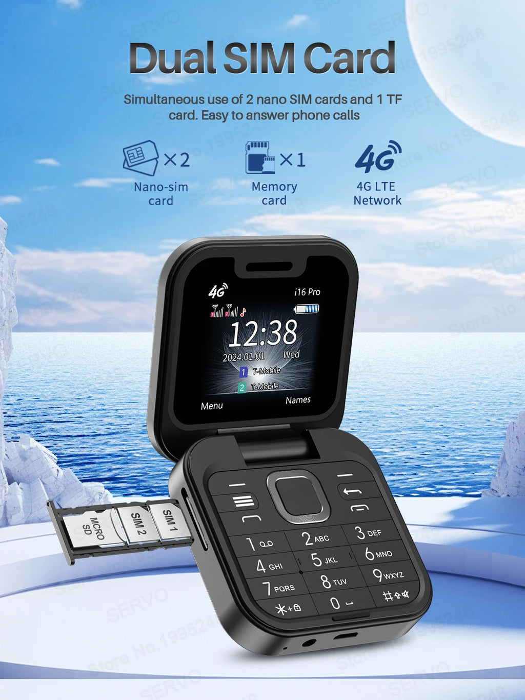 SERVO Mini Flip Mobile Phone 4G/2G Cellular 1.77" Diaplay Speed Dial Flashlight Recorder FM Radio Dual SIM Foldable Cellphones