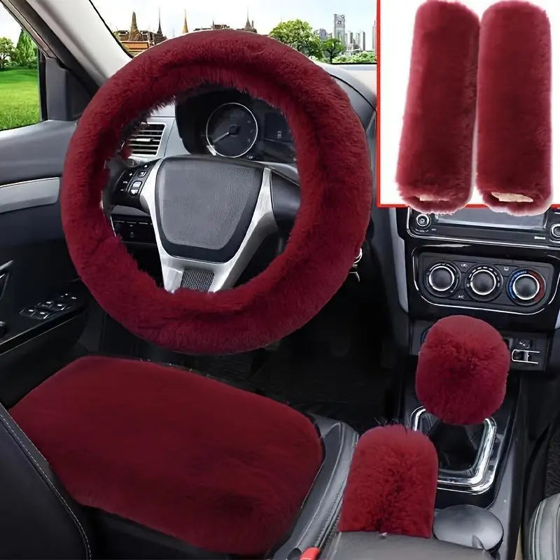 6pcs Soft Plush Steering Wheel Cover Comfort Grip Handbrake&Shift Knob Covers Fit Seat Belt Pads with Stitching Install Vehicles