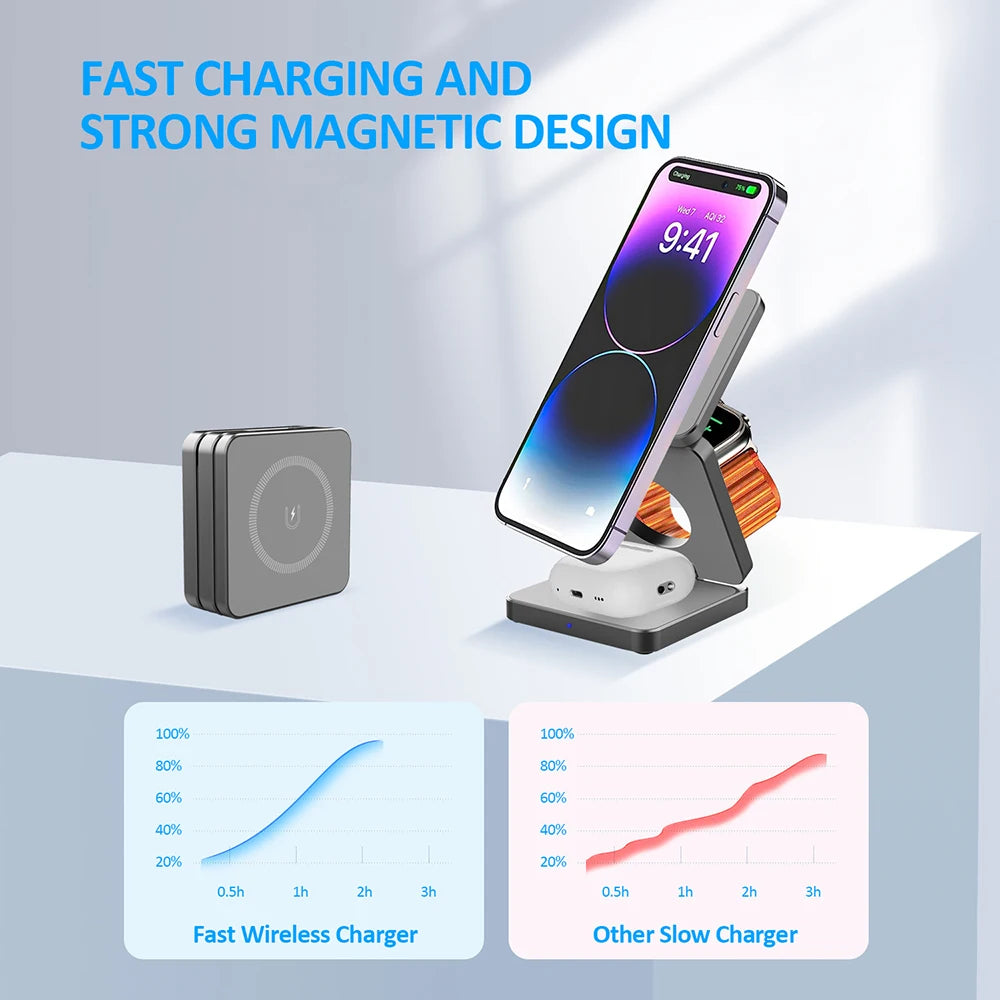 3 in 1 Magnetic Wireless Charger for iPhone Foldable Fast Wireless Charging Station for iPhone 16 15 14 13 12 Charger Stand