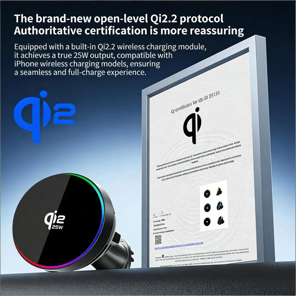 25W Qi2 Magnetic Car Phone Charger Holder with RGB Light Air Vent Mount with Fast Charging & Cooling for iPhone 17 Pro Max