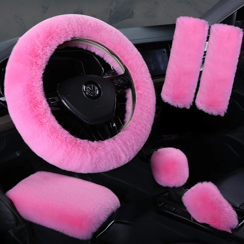 6pcs Soft Plush Steering Wheel Cover Comfort Grip Handbrake&Shift Knob Covers Fit Seat Belt Pads with Stitching Install Vehicles