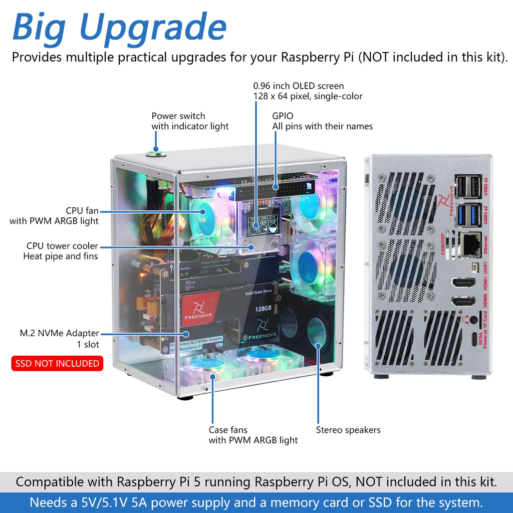 Freenove Raspberry Pi 5 Case Kit Pro, 1/2 M.2 NVMe SSD Slots, 5 PWM ARGB Fans, 0.96" OLED Screen, Stereo Speakers, 3.5 mm Audio