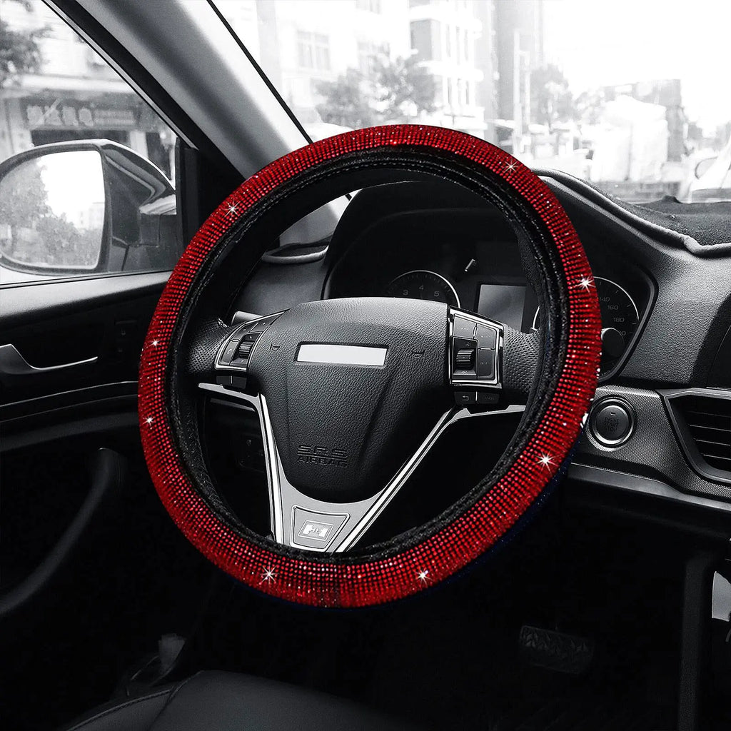 38cm Bling Car Accessories Set For Women Rhinestones Steering Wheel Cover Safety Belt Covers Gear Shift Cover Diamond Cup Pads