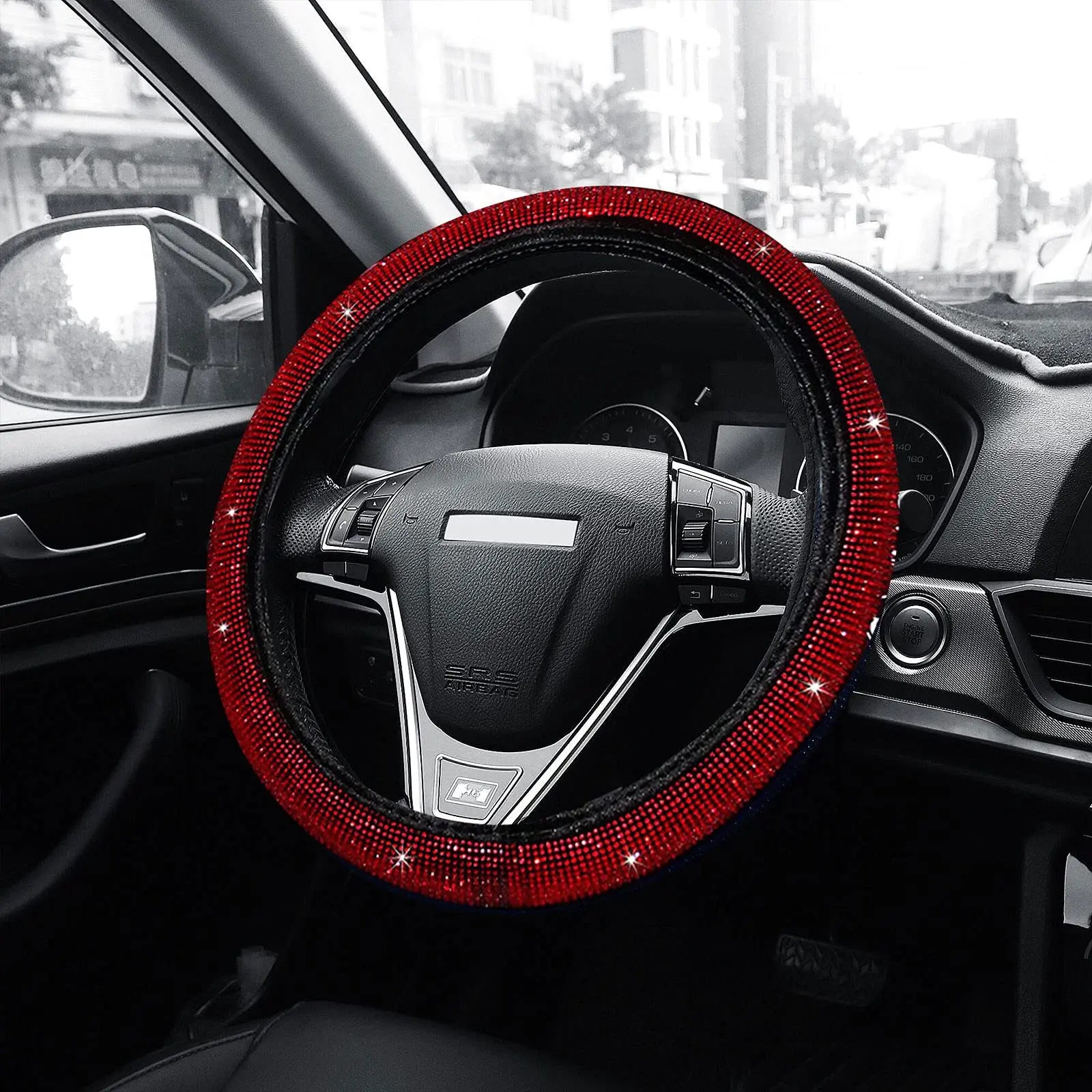 38cm Bling Car Accessories Set For Women Rhinestones Steering Wheel Cover Safety Belt Covers Gear Shift Cover Diamond Cup Pads