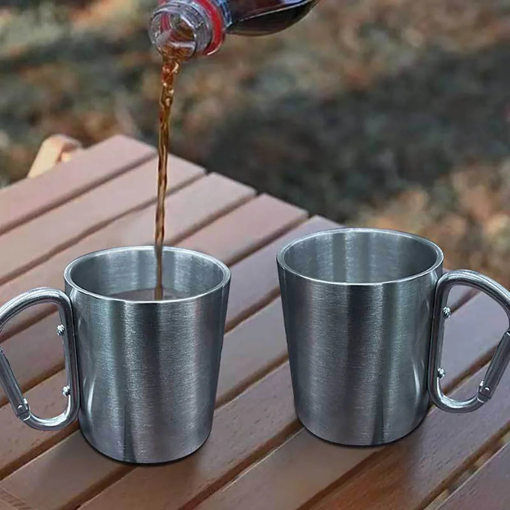 1PCS Portable Stainless Steel Camping Cup with Carabiner Clip, Lightweight Travel Mug for Hiking Backpacking Outdoor (201 Grade)