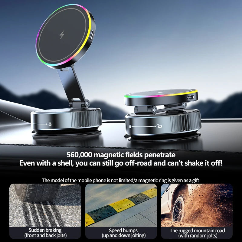 15W Vacuum Suction Magnetic Wireless Charger Car Phone Holder Mount 360 Degree Rotatable Compatible with Smartphones for iPhone