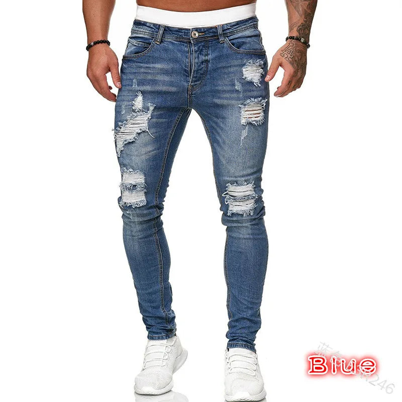 new White Embroidery Jeans Men Cotton Stretchy Ripped Skinny Jeans High Quality Hip Hop Black Hole Slim Fit Oversize Denim Pants