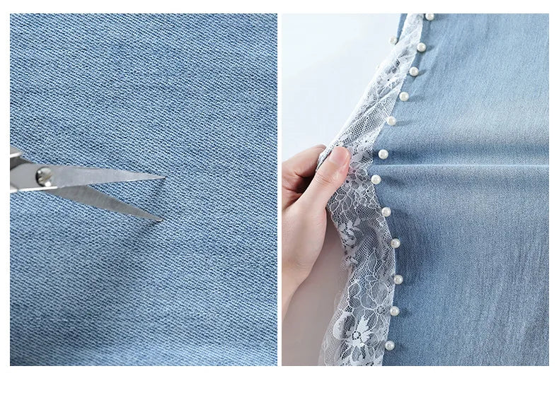 Women's High Waist Lace Stitching Beaded Wide Leg Jeans Summer Stretch Floor Length Pants