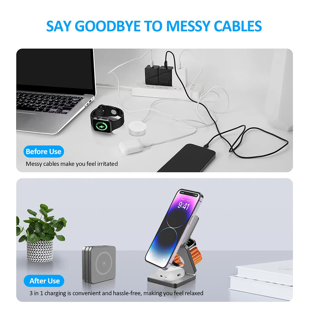 3 in 1 Magnetic Wireless Charger for iPhone Foldable Fast Wireless Charging Station for iPhone 16 15 14 13 12 Charger Stand