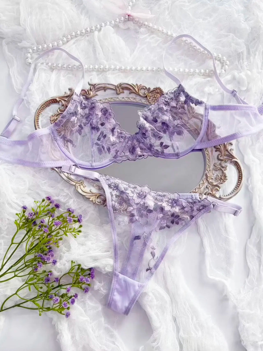 Lavender Floral Sheer Lace 2-Piece Lingerie Set, Underwire Push Up Bra & Adjustable Metal Buckle Low Rise Thong Panties