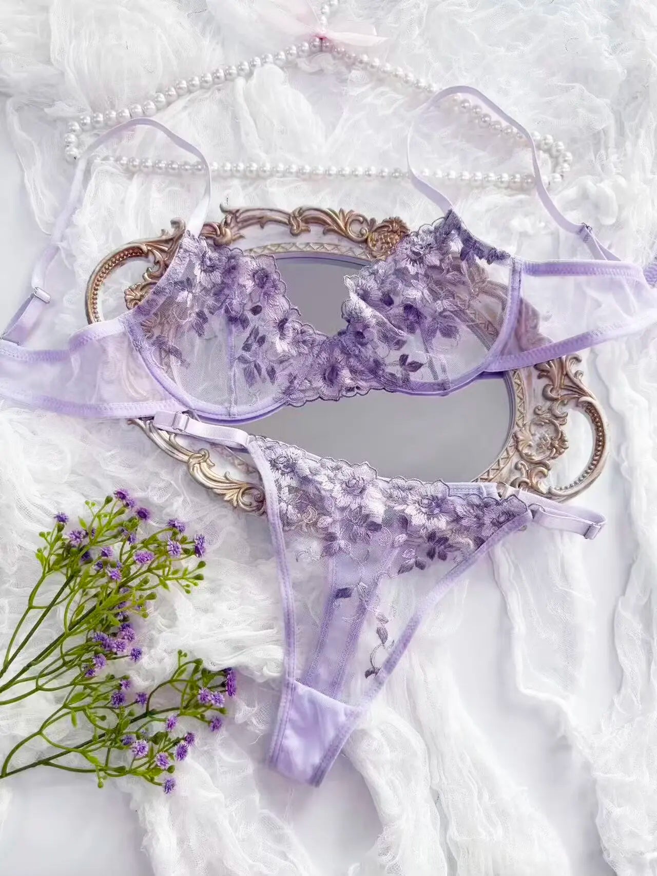 Lavender Floral Sheer Lace 2-Piece Lingerie Set, Underwire Push Up Bra & Adjustable Metal Buckle Low Rise Thong Panties