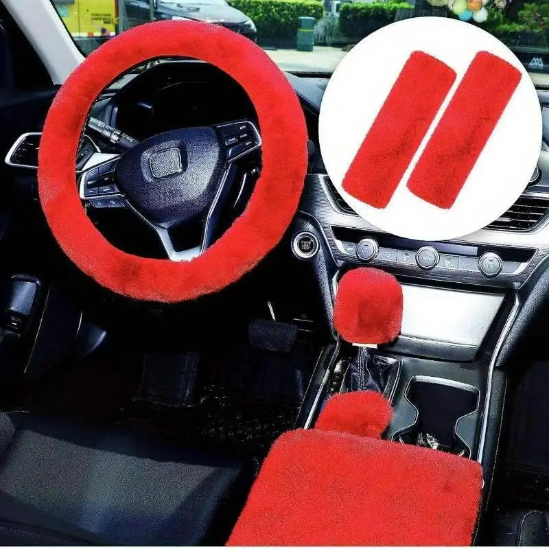 6pcs Soft Plush Steering Wheel Cover Comfort Grip Handbrake&Shift Knob Covers Fit Seat Belt Pads with Stitching Install Vehicles