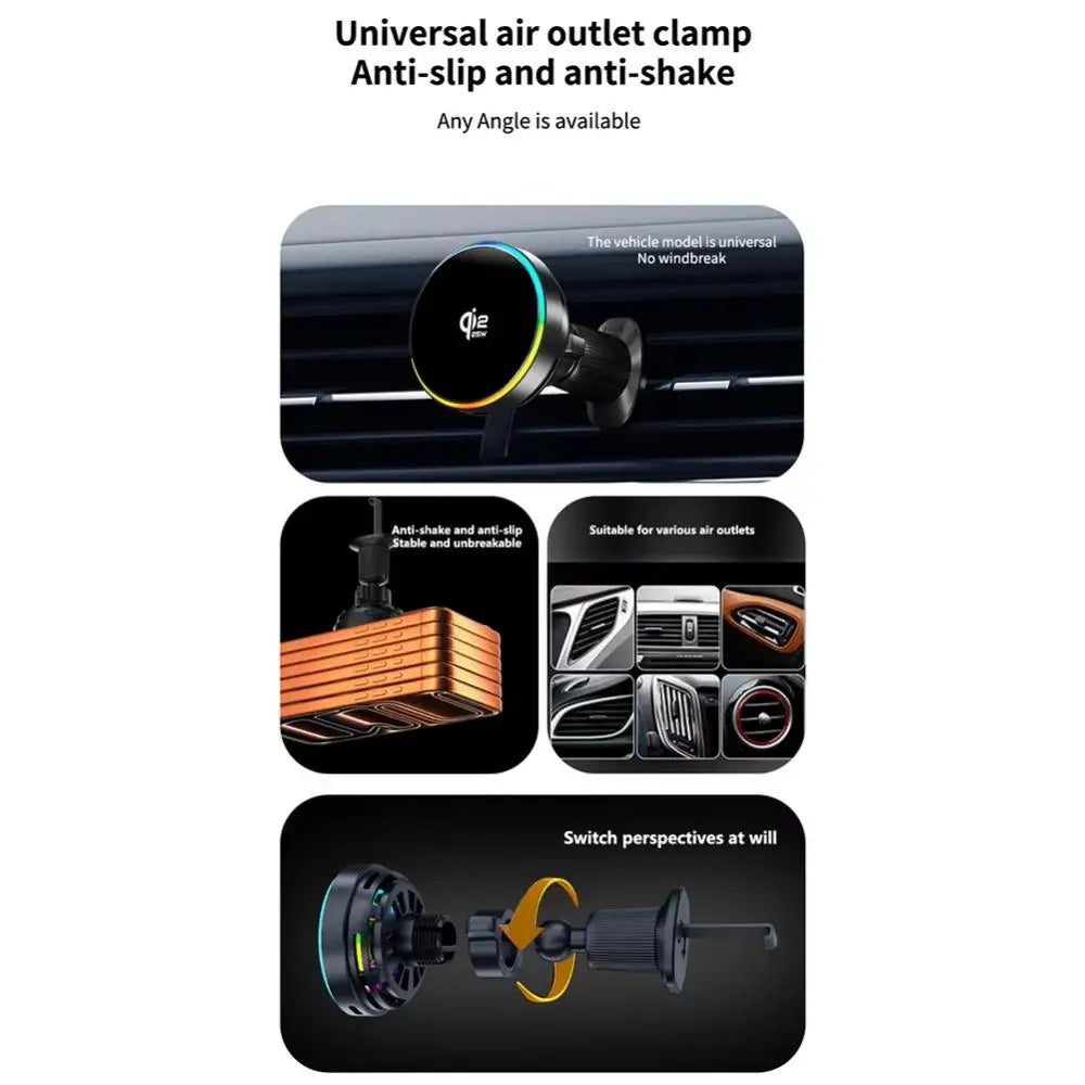 25W Qi2 Magnetic Car Phone Charger Holder with RGB Light Air Vent Mount with Fast Charging & Cooling for iPhone 17 Pro Max