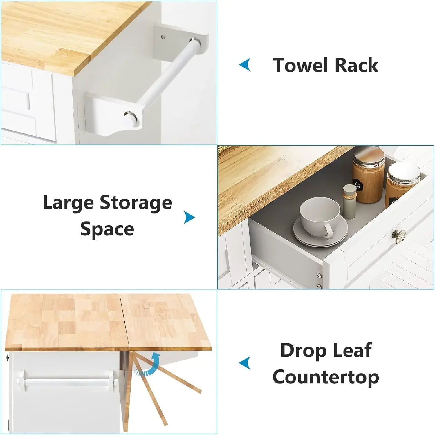 Movable Kitchen Carts on Wheels Island with Storage Cabinet, Island Table for Kitchen with Rubber Wood Top and Rack and Drawers