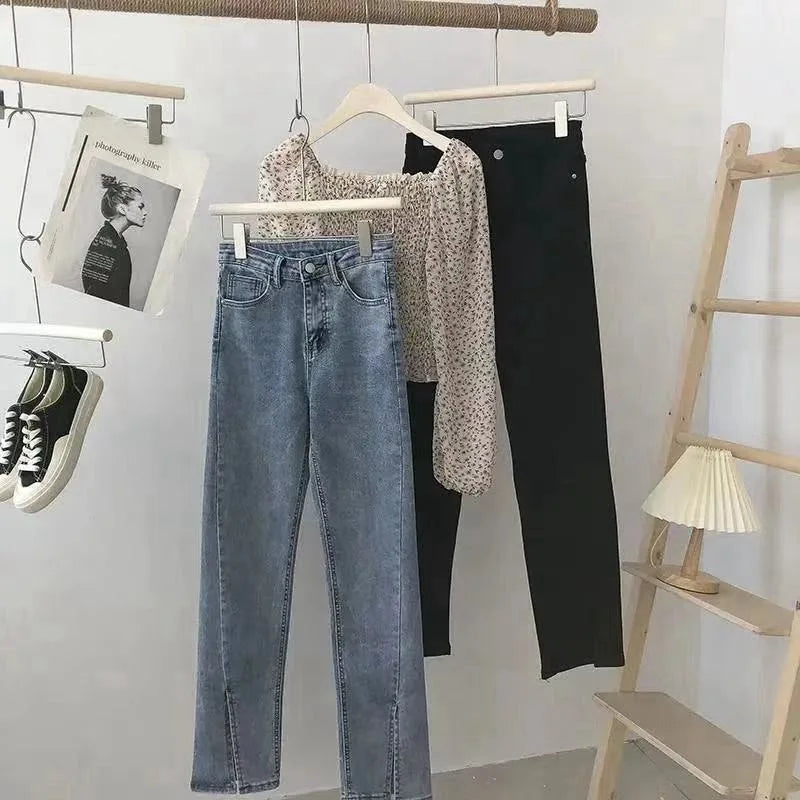 Women's High Waist Wide Leg Jeans Asymmetric Split Hem Vintage Washed Denim Pants Loose Fit