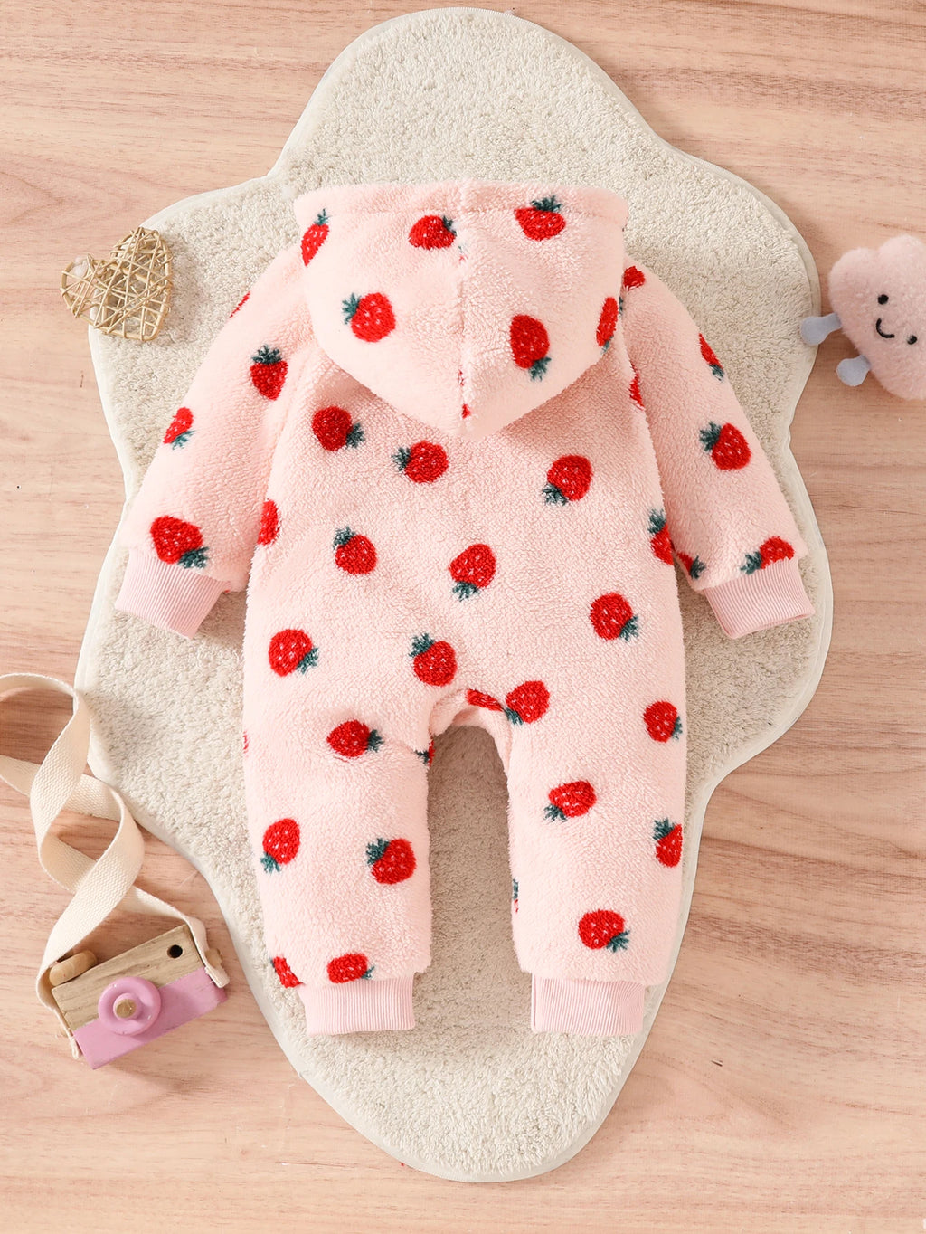 Winter Baby Girl Cute Casual Plush Warm Strawberry Print Button Design Hooded Romper
