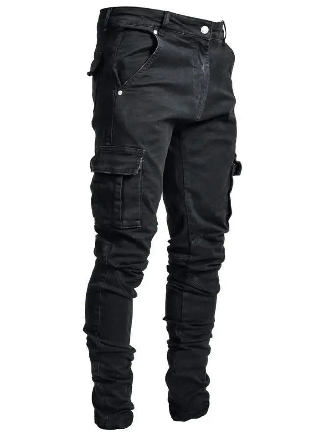 New Jeans Men Pants Wash Solid Color Multi Pockets Denim Mid Waist Cargo Jeans Plus Size Fahsion Casual Trousers Male Daily Wear