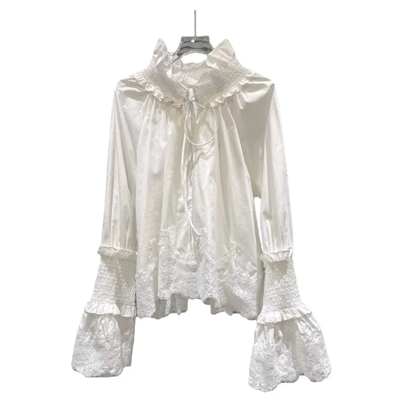 2026 Autumn New Women's Clothing French Design White Temperament Sweet Lace Strap Turtleneck Horn Sleeve Versatile Shirts Ladies