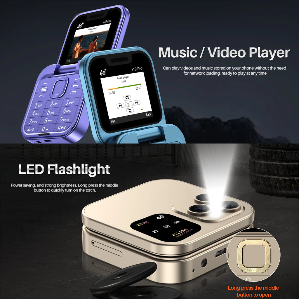 SERVO Mini Flip Mobile Phone 4G/2G Cellular 1.77" Diaplay Speed Dial Flashlight Recorder FM Radio Dual SIM Foldable Cellphones