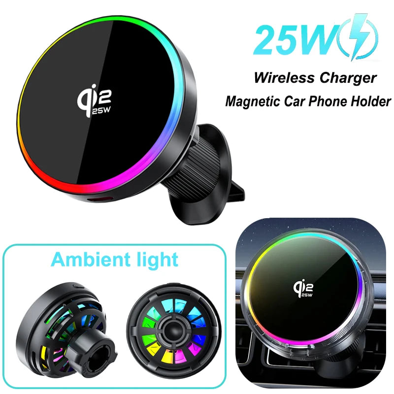 25W Qi2 Magnetic Car Phone Charger Holder with RGB Light Air Vent Mount with Fast Charging & Cooling for iPhone 17 Pro Max