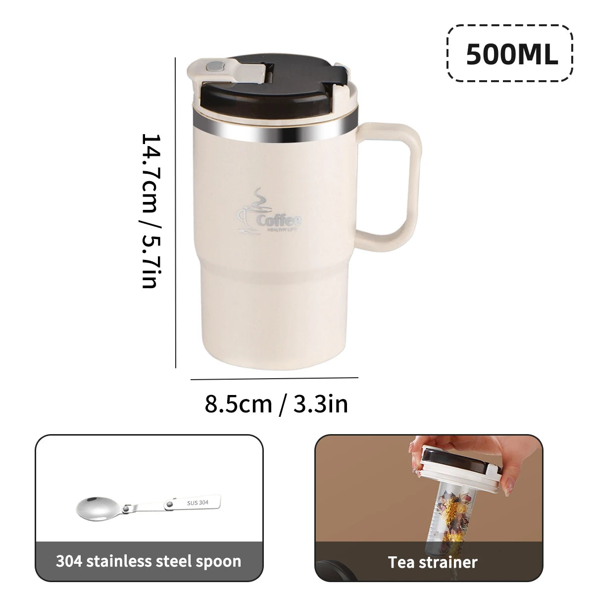 450/500ml 304 Stainless Steel Coffee Cup With Strainer & Spoon Double Wall Insulated Mug Student Portable Drinking Cup Drinkware