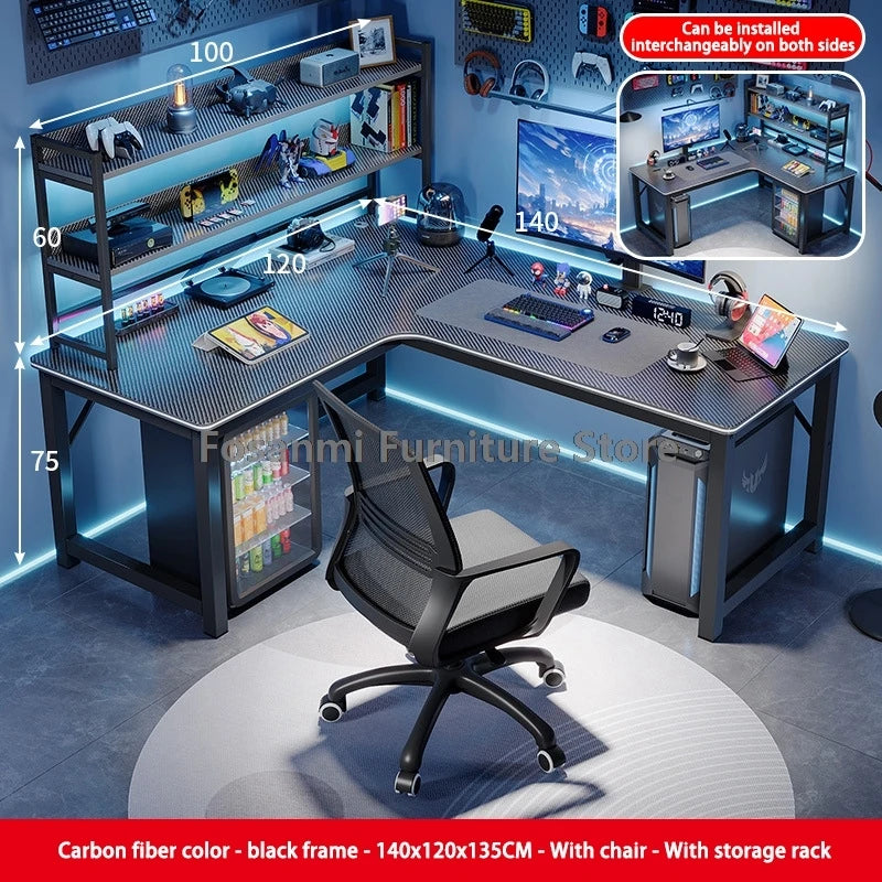 L-Shaped Computer Desk and Chair Set Modern Home Office Furniture with Shelf Gaming Work Desk Chair Set Corner PC Table for Room