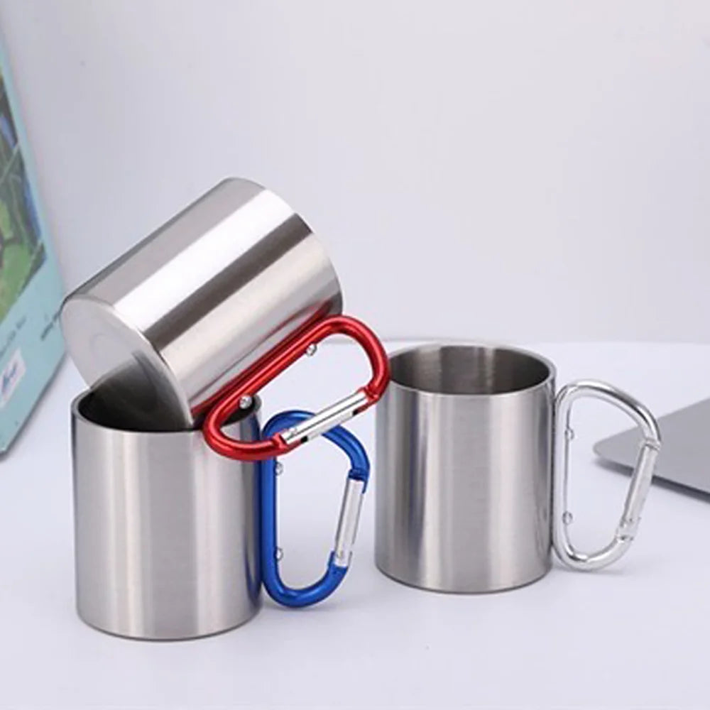 1PCS Portable Stainless Steel Camping Cup with Carabiner Clip, Lightweight Travel Mug for Hiking Backpacking Outdoor (201 Grade)