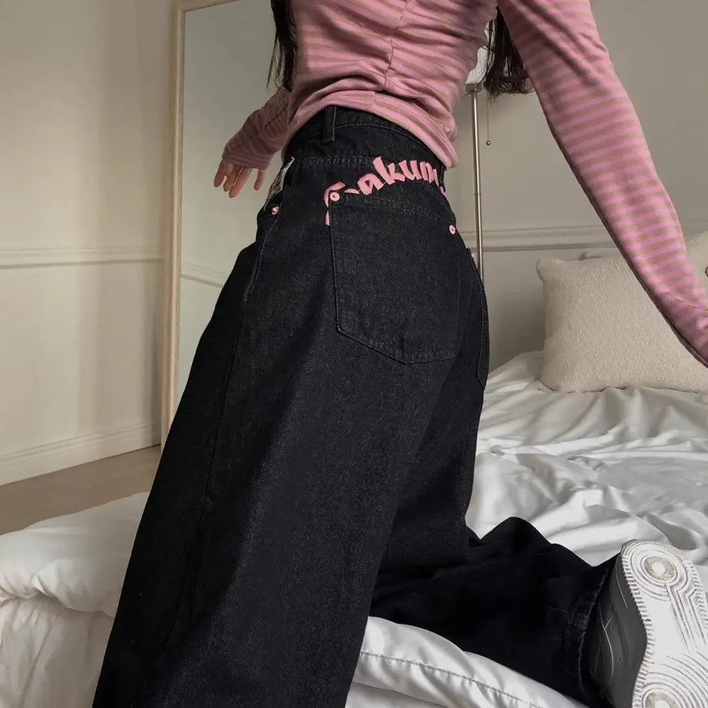 Women's Sweet Casual Full Length Baggy Denim Trouser Retro Emo Harajuku Loose Jeans Letter Embroidery High Waist Y2K 2000s Pants