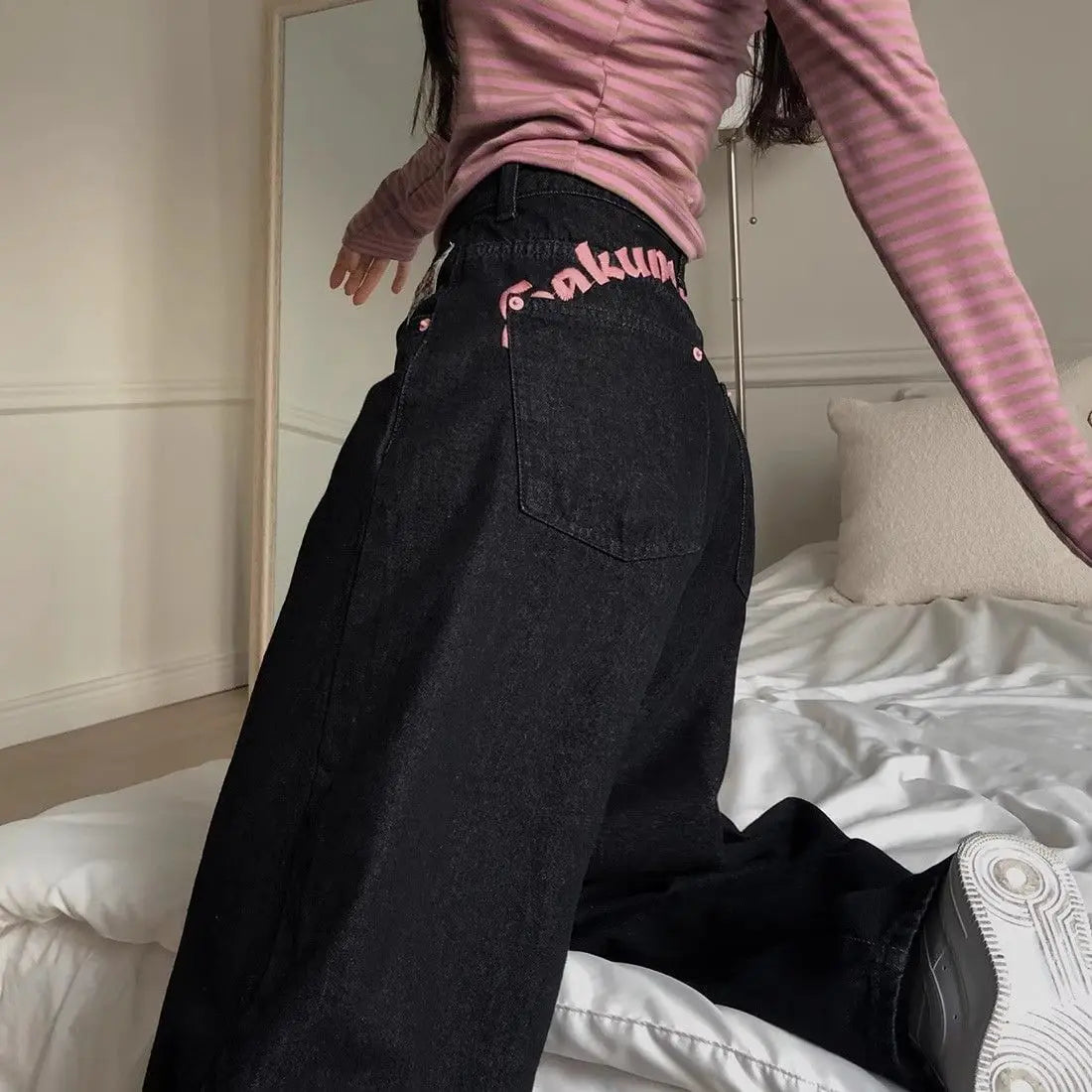 Women's Sweet Casual Full Length Baggy Denim Trouser Retro Emo Harajuku Loose Jeans Letter Embroidery High Waist Y2K 2000s Pants