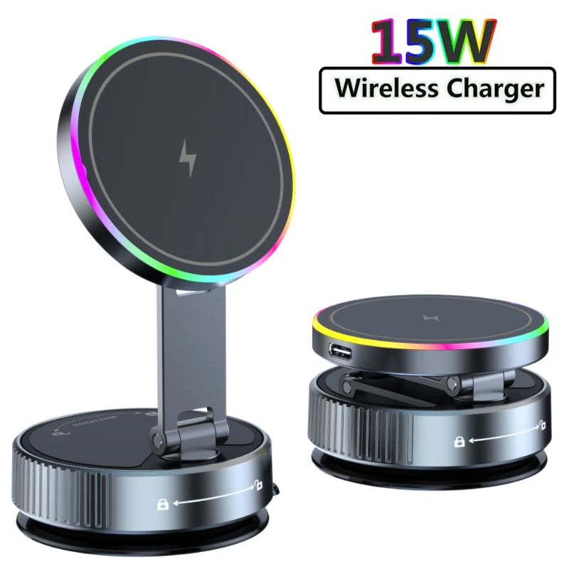 15W Vacuum Suction Magnetic Wireless Charger Car Phone Holder Mount 360 Degree Rotatable Compatible with Smartphones for iPhone