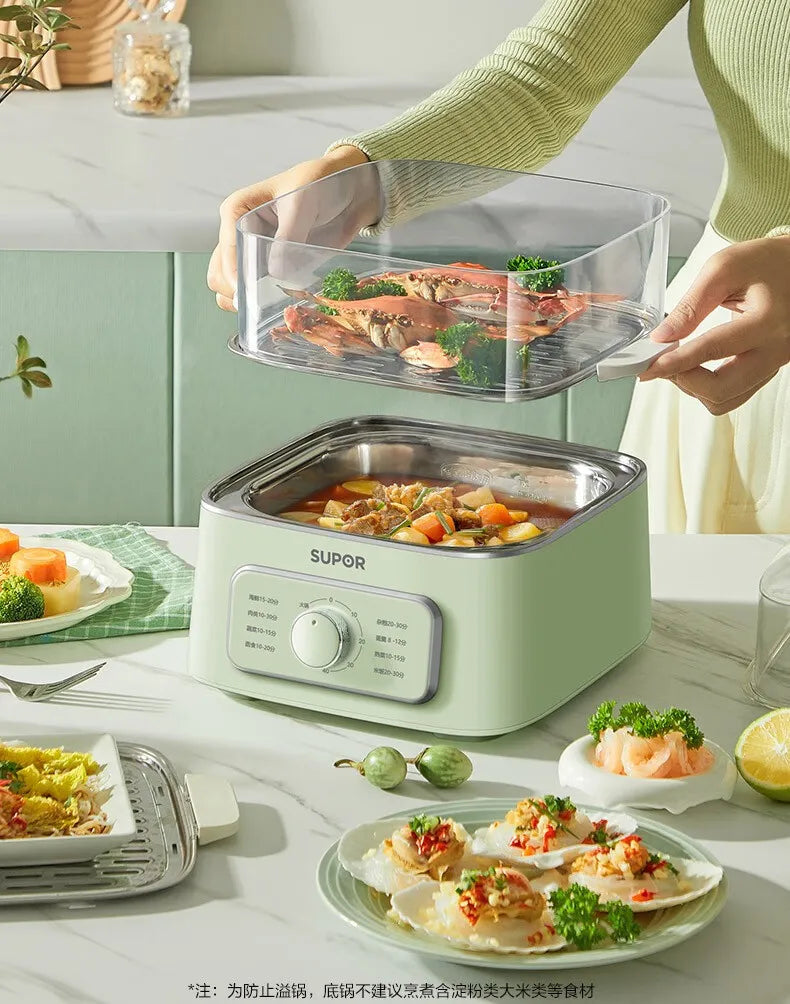 SUPER Electric Steamer Household Electric Boiler Three-layer Transparent Visualization Steamer Stainless Steel Steaming Tray9.3L